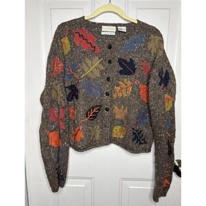 Vintage Sigrid Olsen Cardigan Sweater Women Handknit Fall Leaves Silk Mohair L